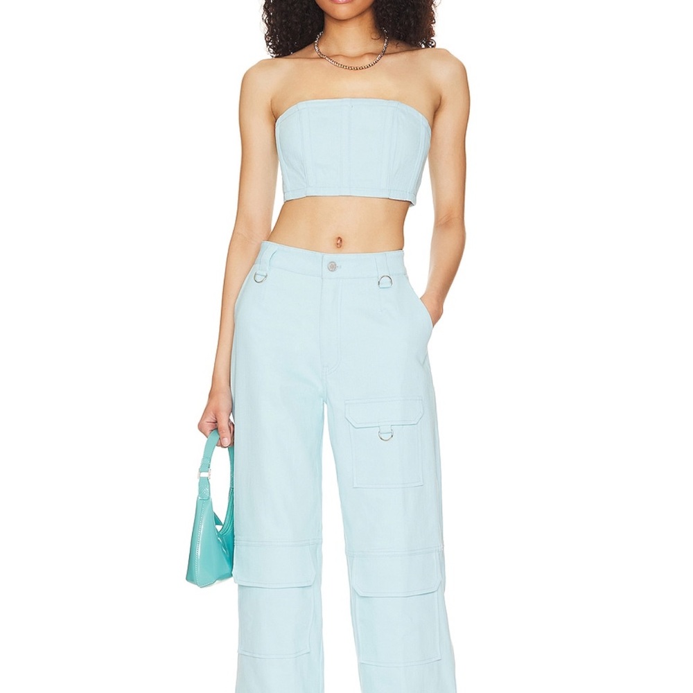 Light Blue Strapless Crop Top with matching pants set (never been worn)
